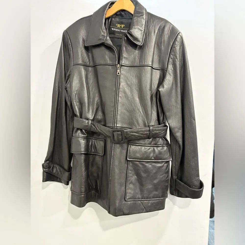 Vintage Regent Park Men's Black Leather Belted Trench Coat